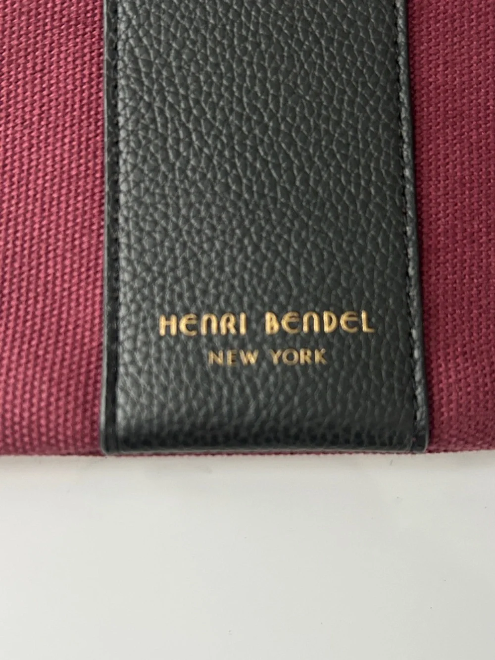 Henri Bendel Iconic Maroon Canvas Cosmetic Bag Zip Clutch Stripe Makeup Pouch